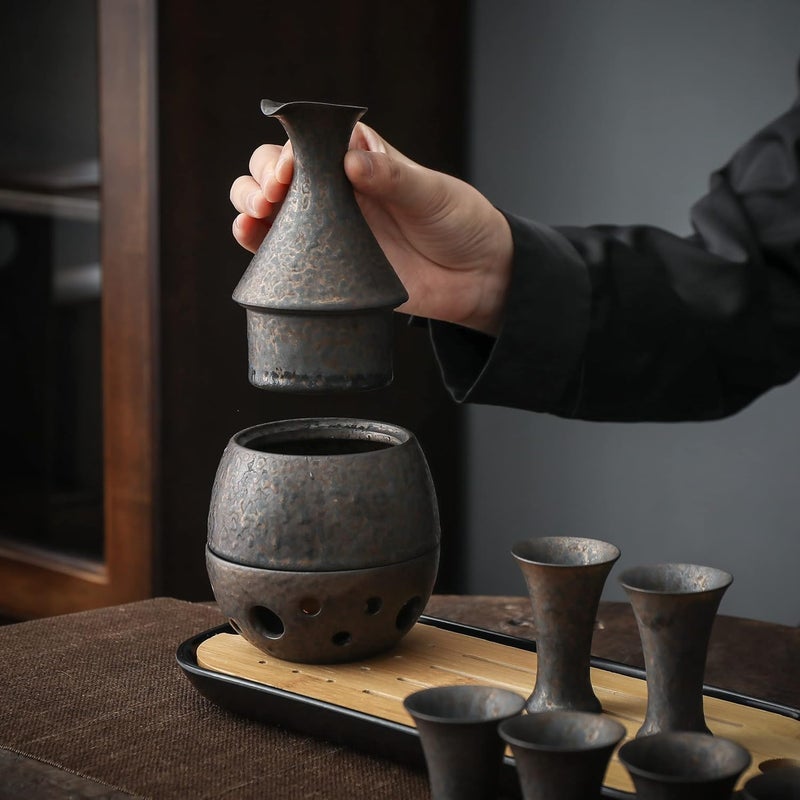 TEANAGOO 10 Pcs Sake Set, Sake Cups(0.9 Oz) with Bamboo Tray, Saki Cup Set with Warmer Pot(6 Oz), Sake Warmer Gift Sets for Friends/Family In Winter. Sake Set with Warmer for Christmas, Birthday, T4 - Image 4