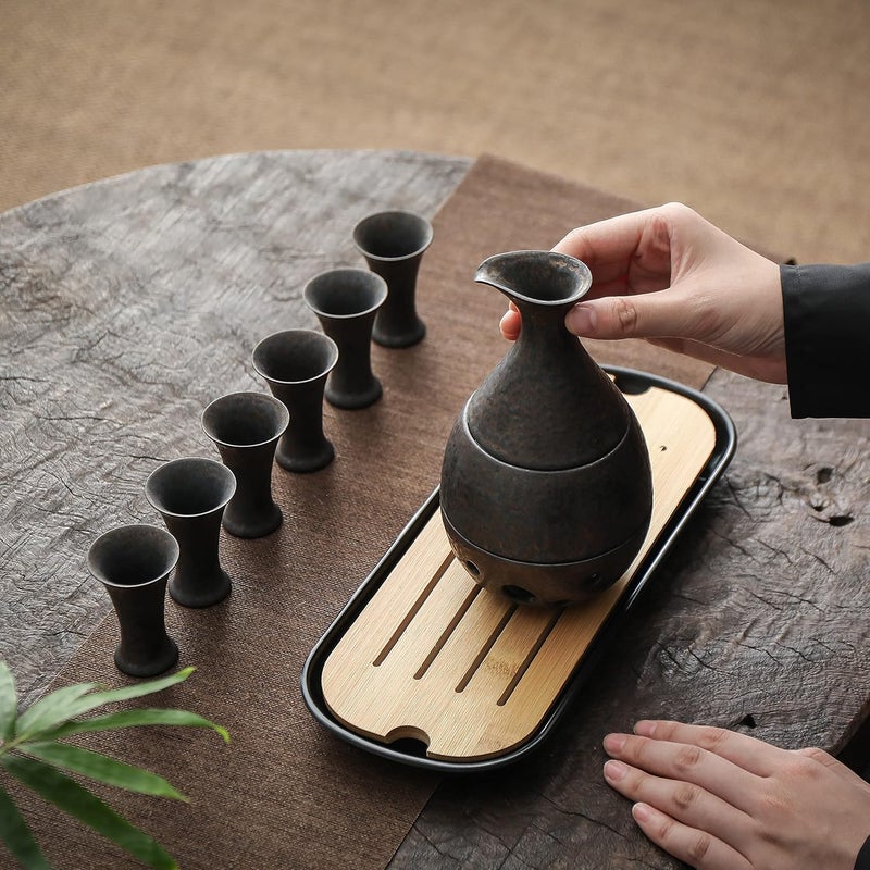 TEANAGOO 10 Pcs Sake Set, Sake Cups(0.9 Oz) with Bamboo Tray, Saki Cup Set with Warmer Pot(6 Oz), Sake Warmer Gift Sets for Friends/Family In Winter. Sake Set with Warmer for Christmas, Birthday, T4 - Image 5