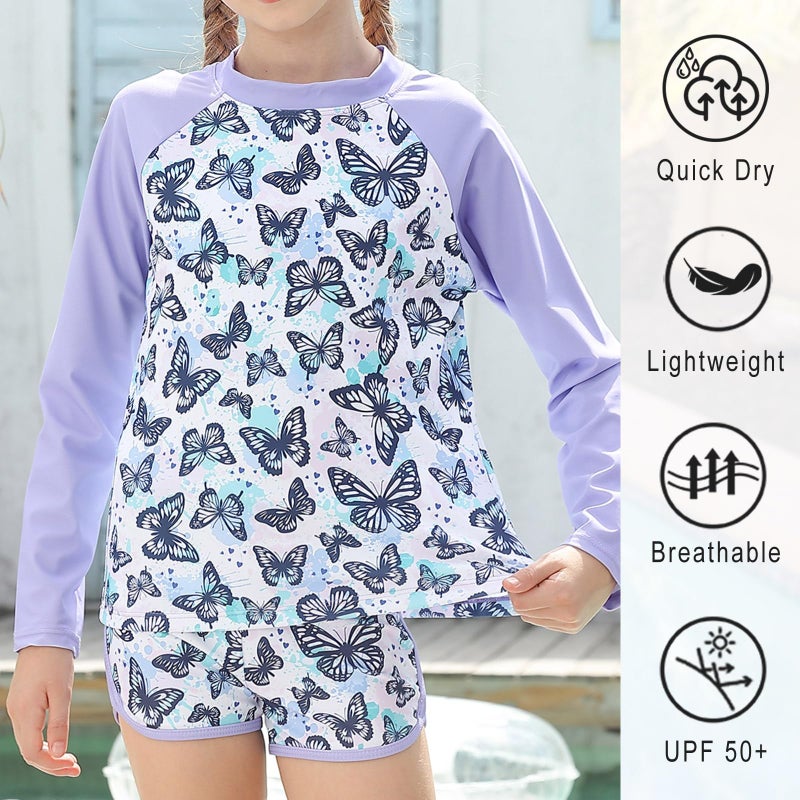 Vogseek Girls Two Pieces Rash Guard Swimsuit 5t 6t Purple Butterflies Long Sleeve UPF 50+ Bathing Suit Quick Dry Breathable Swimming Sets for Kids Girl Size 6 - Image 3