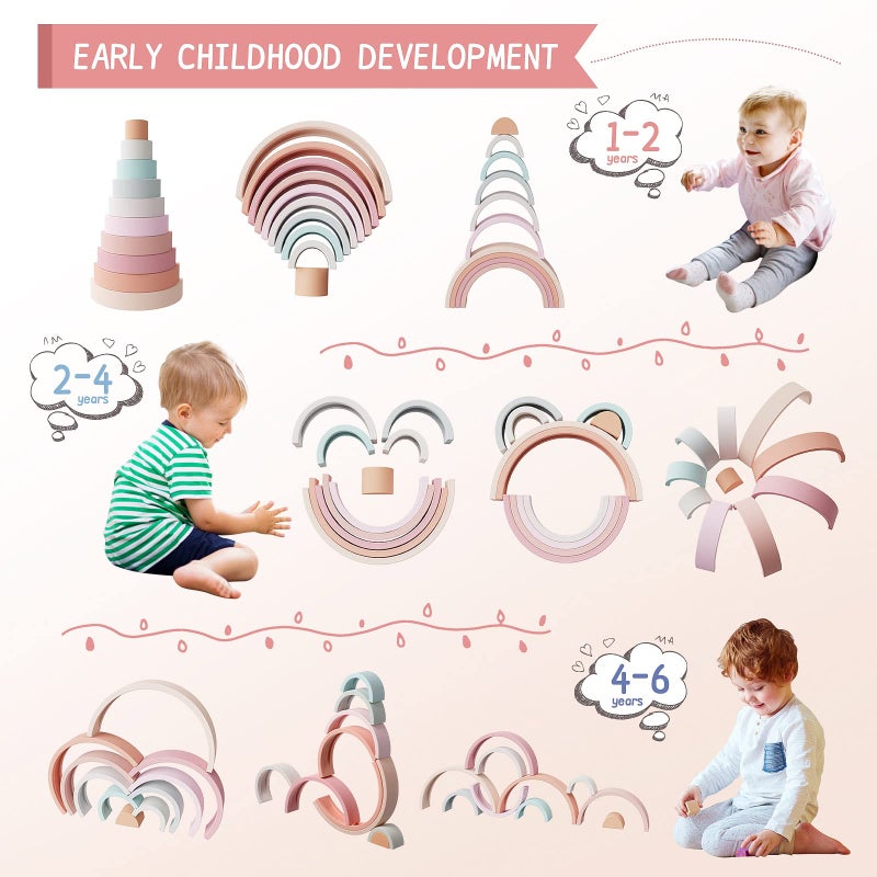 MCGMITT Rainbow Stacking Toy, Silicone Rainbow Stacker for Toddlers, Montessori Nesting Blocks, Building Creative Color Shape Matching Toy Set, 10 Layers - Image 3