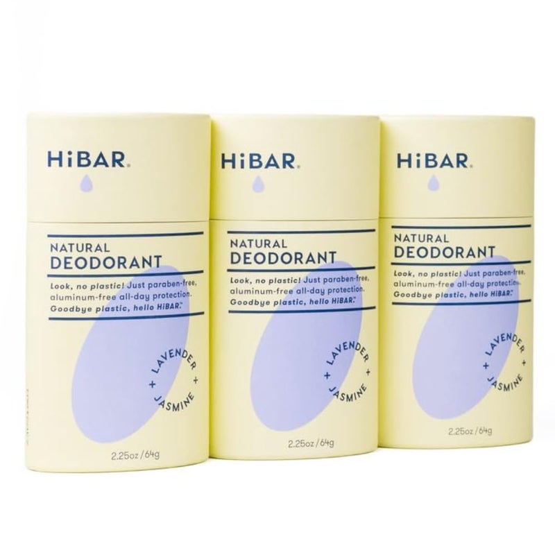 HiBAR - Lavender & Jasmine Plastic Free Deodorant - Natural Deodorant - All-Day Protection - With Sunflower Seed Wax, Rice Bran & Shea Butter - Plastic, Paraben & Aluminum-Free - Vegan - 3 Pack