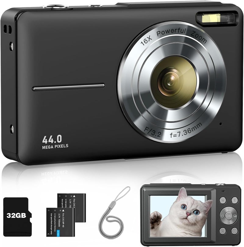 Lecran Digital Camera, FHD 1080P Kids Camera with 32GB Card, 2 Batteries, Lanyard, 16X Zoom Anti Shake, 44MP Compact Portable Small Point Shoot Camera for Kids Children Teens Girl Boy(Charcoal) - Image 1