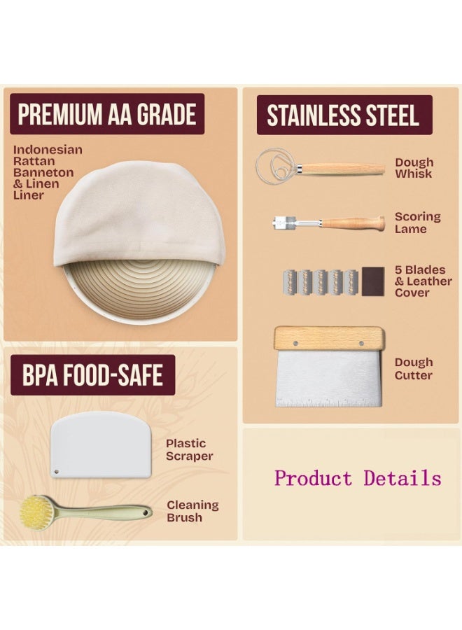 HOMESTAR Banneton Proofing Basket Set, Round 9" Sourdough Basket for Bread Making Tools, Artisan Baking Supplies Kit, Gifts for Bakers - Image 2