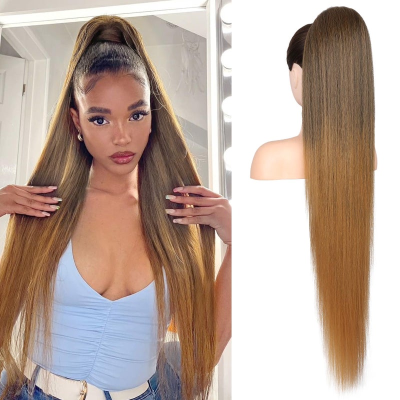 FLUFYMOOZ ponytail extension 36 Inch Long Straight Drawstring Ponytail Synthetic Hairpieces Fake Pony Tails Natural Soft Clip in Hair Extension ponytail for Women Chocolate Brown to Light Brown