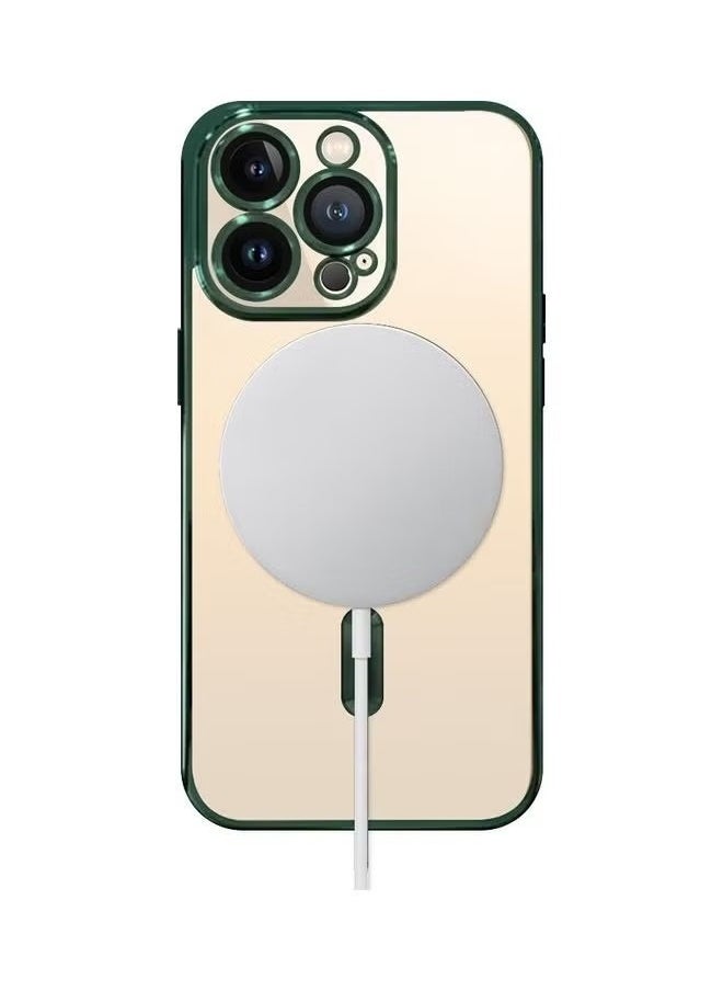 iPhone 16 Pro Max Case, Transparent Magnetic with MagSafe Wireless Charging Compatible Back Cover, Electroplating Shockproof Frame Green, Anti Drop Hard Case for iPhone 16 Pro Max, Green/ Clear