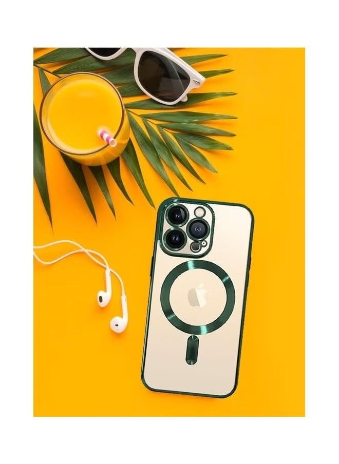 iPhone 16 Pro Max Case, Transparent Magnetic with MagSafe Wireless Charging Compatible Back Cover, Electroplating Shockproof Frame Green, Anti Drop Hard Case for iPhone 16 Pro Max, Green/ Clear