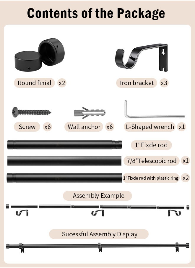 RATSAW - Curtain Rod Curtain Poles Set for Eyelet Curtains 25mm Diameter Splicing Heavy Duty Drapery Rods with Adjustable Brackets for Bedroom Living Room Office - Image 1