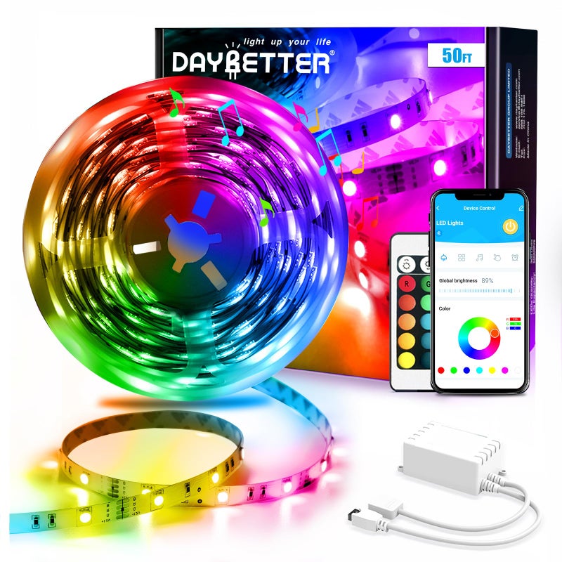 DAYBETTER Led Strip Lights Smart with App Control Remote, 5050 RGB for Bedroom, Music Sync Color Changing for Room Party 50ft - Image 1