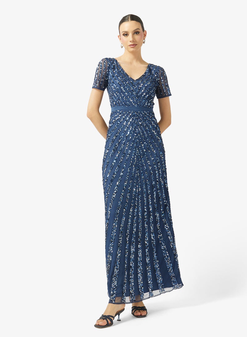 Maya Stripe Embellished Short Sleeve Maxi Dress - Image 1