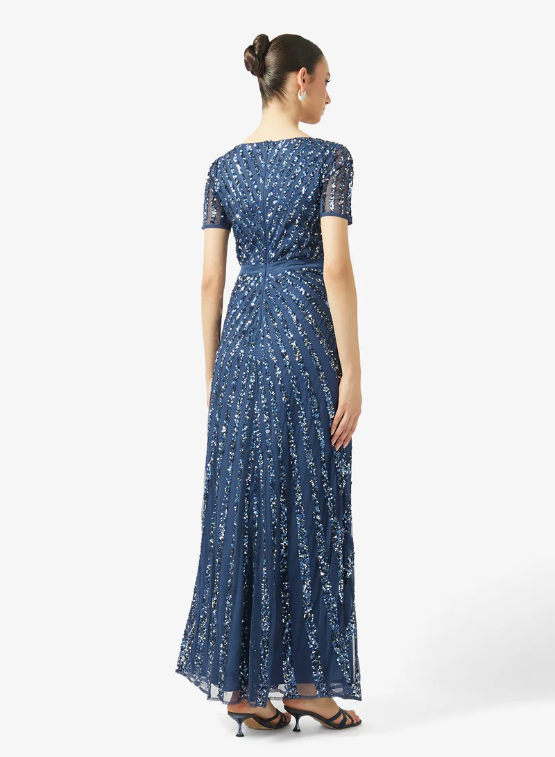 Maya Stripe Embellished Short Sleeve Maxi Dress