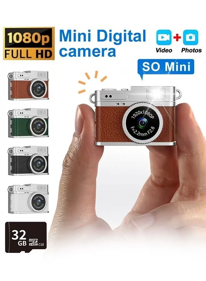 Digital Camera 1080P Retro CCD Mini Cam with 0.96in Screen Indoor Outdoor Sports Portable Vintage Very Small Camcorder Video Cameras Recorder with 32GB Card, Brown