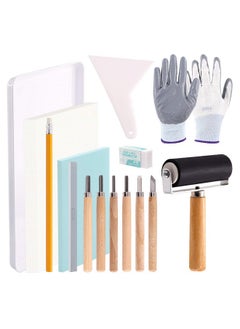 24Pcs Block Printing Starter Tool Kit Rubber Stamp Carving Blocks Ink Roller Carving Tools Gloves Tracing Papers And Ink Mixing Tray For Stamp Carving