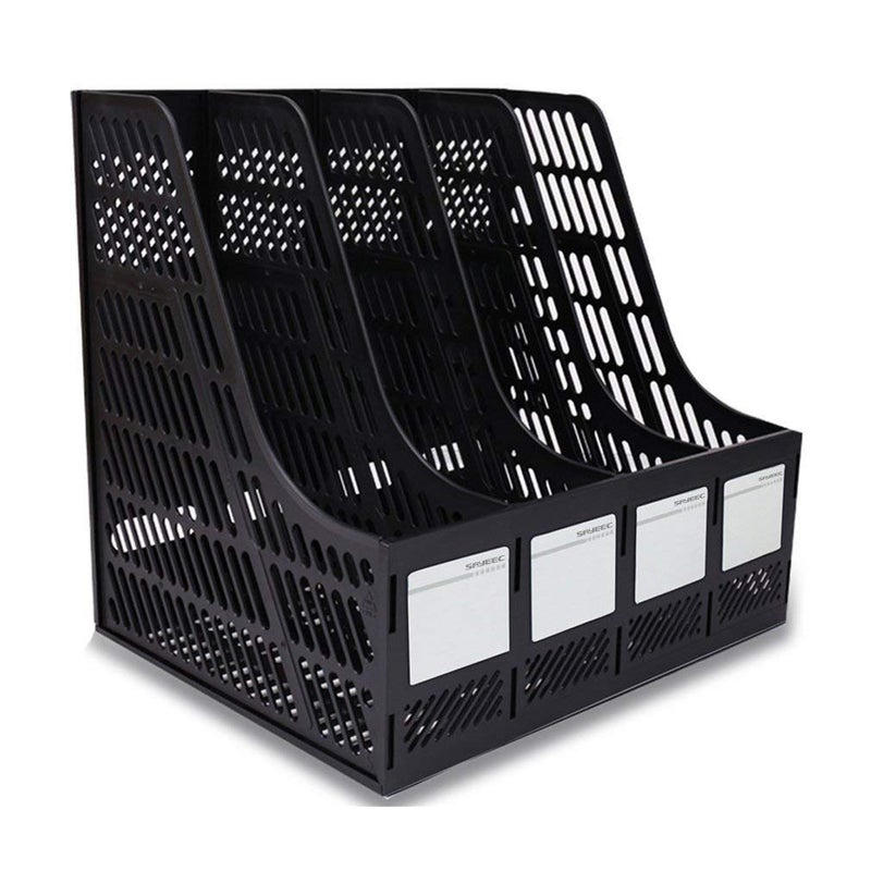 DIVHUK Desktop Bookshelf Magazine Organizer 4 Compartment Plastic Frames File Holder Dividers Document Cabinet Rack Storage Box For Office Home School- Tabletop, Step Shelf (Black) - Image 1