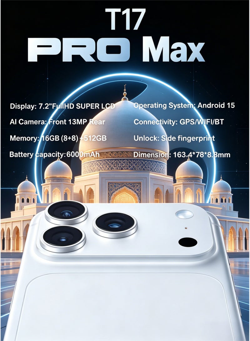 CCIT T17 Pro Max Smartphone, 7.2" FullHD Super LCD, 16GB RAM (8+8), 512GB Storage, 6000mAh Battery, Android 15, 4G LTE-White - Image 3