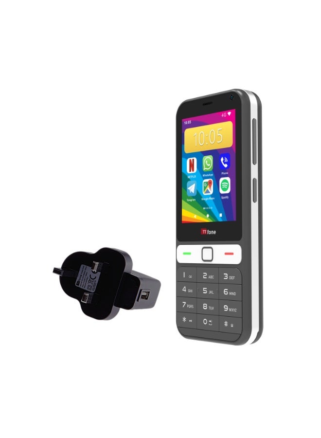 تي تي فون هاتف TTfone TT280 – هاتف محمول بسيط بتقنية 4G وتصميم تقليدي، يدعم شريحتي SIM ويعمل بنظام Android، مزود بشاشة لمس مقاس 2.8 بوصة، هاتف ذكي بنظام الدفع المسبق (مع شاحن كهربائي) - Image 1