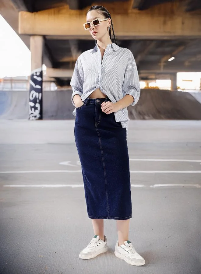 هاي ستار تنورة جينز نسائية متوسطة الطول بخصر عالٍ وفتحة جانبية