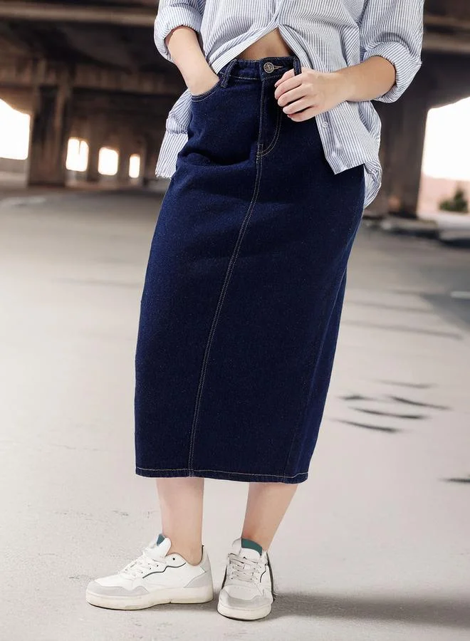 هاي ستار تنورة جينز نسائية متوسطة الطول بخصر عالٍ وفتحة جانبية