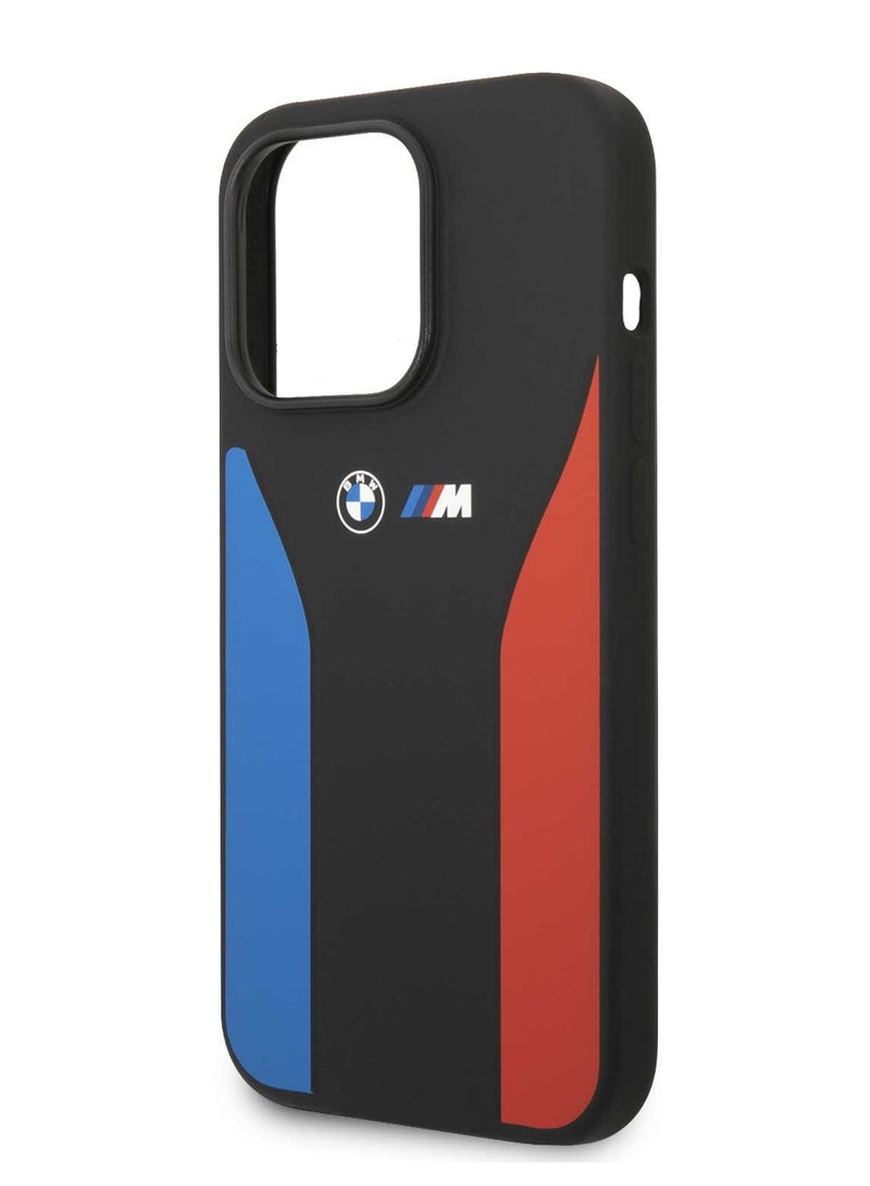 بي إم دبليو M - حافظة سيليكون بخطوط زرقاء وحمراء لهاتف آيفون 15 بروماكس - أسود - Image 1