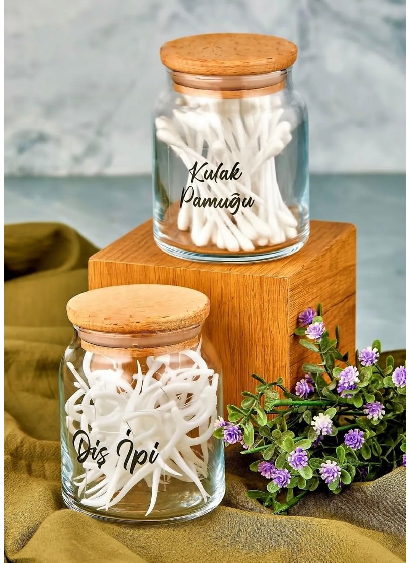 Fbz Home 2-Piece Dental Floss & Cotton Bud Organizer with Transparent Label Wooden Cover 300 ml Cotton Cup 