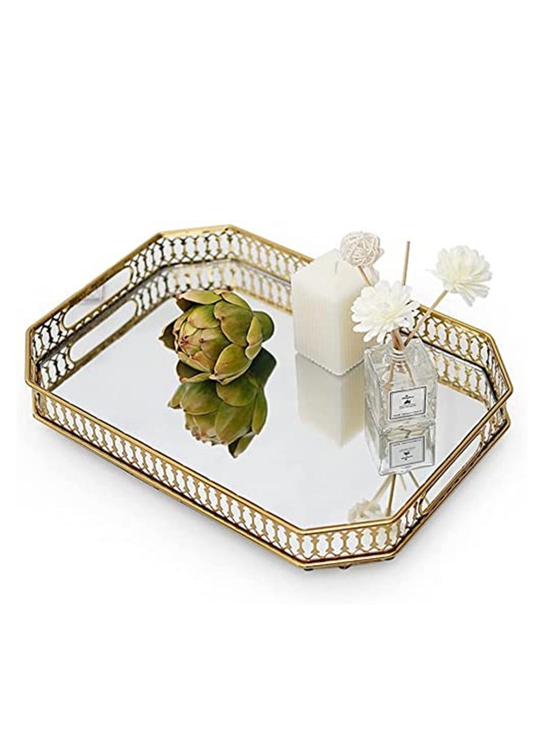 BOCFOA Vintage Gold Mirrored Vanity Tray â€“ Decorative Perfume and Makeup Organizer with Handles for Dresser, Bathroom or Jewelry Display, Large Size 13.8" X 9.6" X2.2" - Image 1