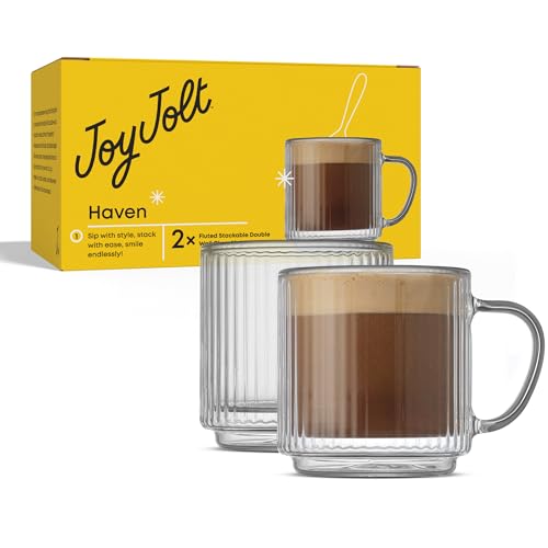 JoyJolt Haven Stackable Fluted Glass Mugs Set of 2 55oz Ribbed Double Wall Glass Coffee Mugs Stacking Insulated Coffee Cup Set also for Espresso Shot Tea Latte Macchiato Cappuccino - Image 3