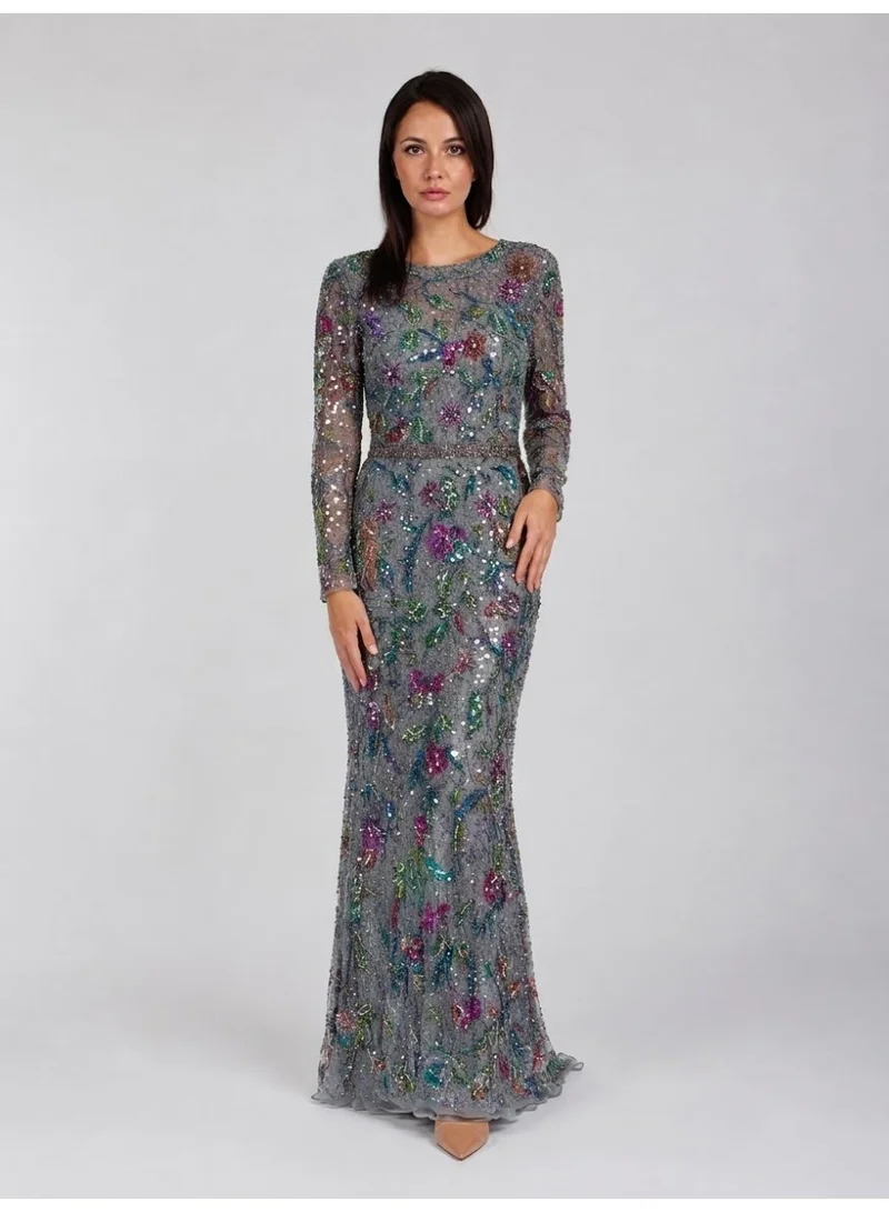 Fashonara Embossed Grey Long Sleeved Evening Dress with sequenced coloured embroidery