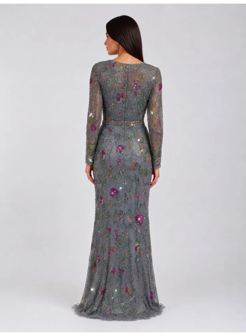 Fashonara Embossed Grey Long Sleeved Evening Dress with sequenced coloured embroidery