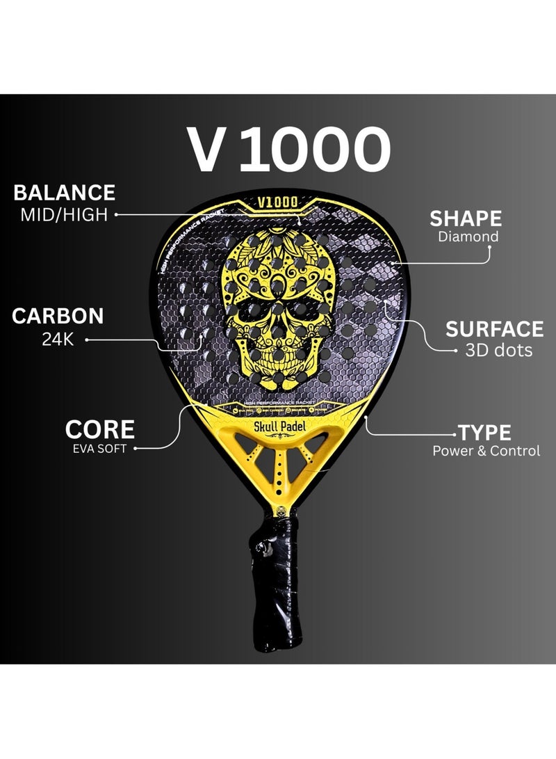Skull Padel V1000 GOLD 24K CARBON with COVER & GRIP | For Advanced Players | PADEL RACKET - Image 5