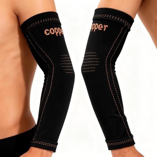 JIQUD Arm compression Sleeve (1 Pair),Copper Elbow Compression Sleeve,Elbow Brace for Tennis Elbow Tendonitis,Full Arm Sleeve for Men & Women,Sports Support & Recovery (Black, Medium) - Image 1