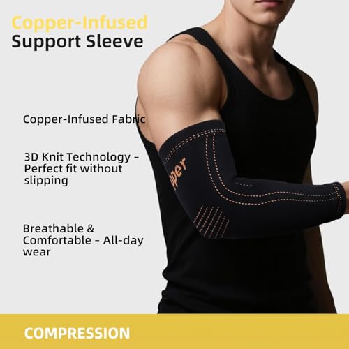 JIQUD Arm compression Sleeve (1 Pair),Copper Elbow Compression Sleeve,Elbow Brace for Tennis Elbow Tendonitis,Full Arm Sleeve for Men & Women,Sports Support & Recovery (Black, Medium) - Image 4