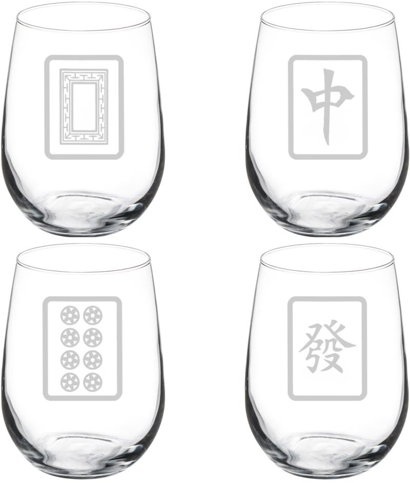MIP Set of 4 Wine Glass Gift Goblet Mahjong Tiles Collection 17 oz Stemless