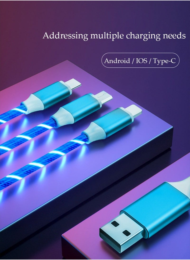 Multi USB Cable 3 in 1, Flowing Charging Cable Shining, Glow in The Dark USB Car Charger Cable, Visible Light Up Led Charger, for iOS Phone Android USB Type C Cable (1.2m)