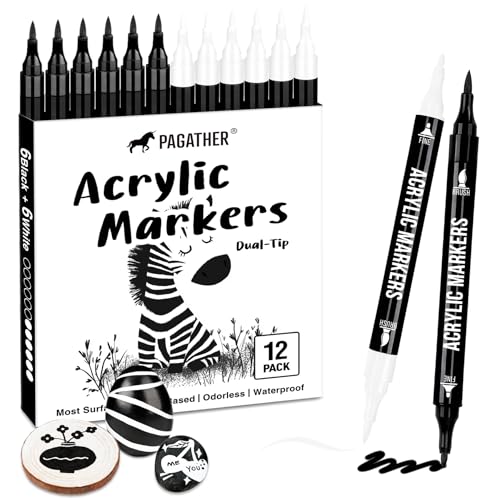 Pagather Black and White Acrylic Paint Markers, 12 Pack Dual Tip with Fine Tip and Brush Tip Pens for Stone, Wood, Calligraphy, Canvas, Ceramic, Metal, Glass, Rock Painting, DIY Crafts - Image 1