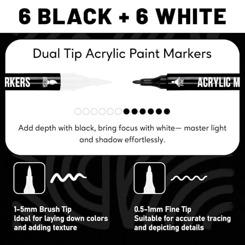 Pagather Black and White Acrylic Paint Markers, 12 Pack Dual Tip with Fine Tip and Brush Tip Pens for Stone, Wood, Calligraphy, Canvas, Ceramic, Metal, Glass, Rock Painting, DIY Crafts - Image 2