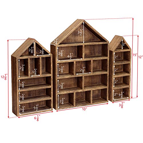 Ikee Design House-Shaped Wooden Shadow Cubby Box Display Shelf Organizer Storage Shadow Box for Mini Figures, Set of 3, Brown Color, 10 W x 2 1/4 D x 15 H in - Image 2
