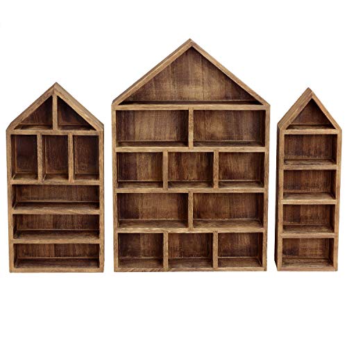 Ikee Design House-Shaped Wooden Shadow Cubby Box Display Shelf Organizer Storage Shadow Box for Mini Figures, Set of 3, Brown Color, 10 W x 2 1/4 D x 15 H in - Image 3