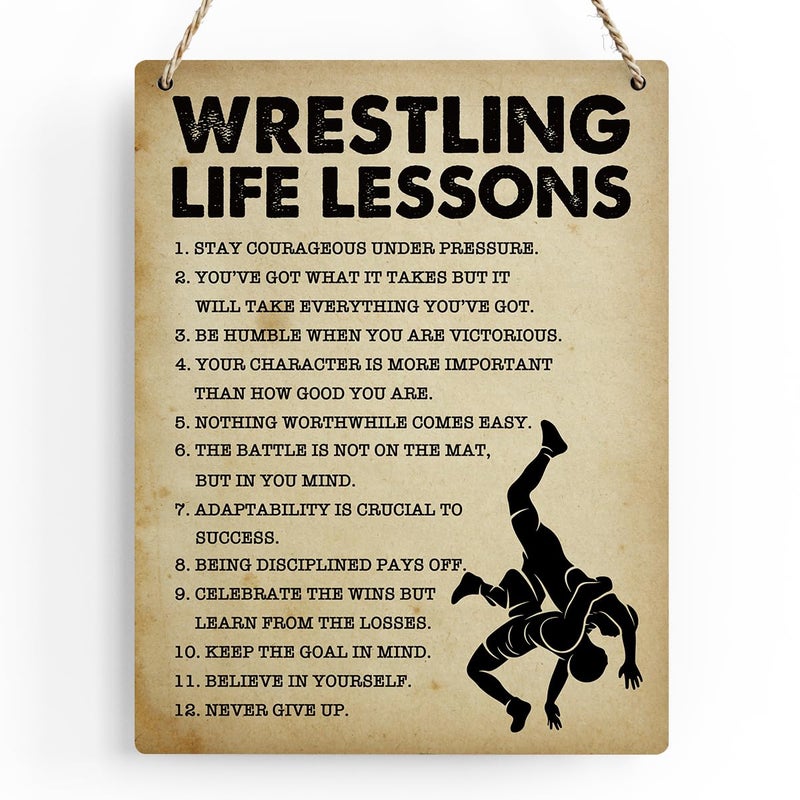 BELLOWDEER Wrestling Life Lessons Wood Sign Inspirational Wrestling Wall Decor Art  Motivational Wrestling Quotes Wall Art Decor Signs For Home Office Bedroom Decoration  Senior Team Gifts  8X10 Inches - Image 1