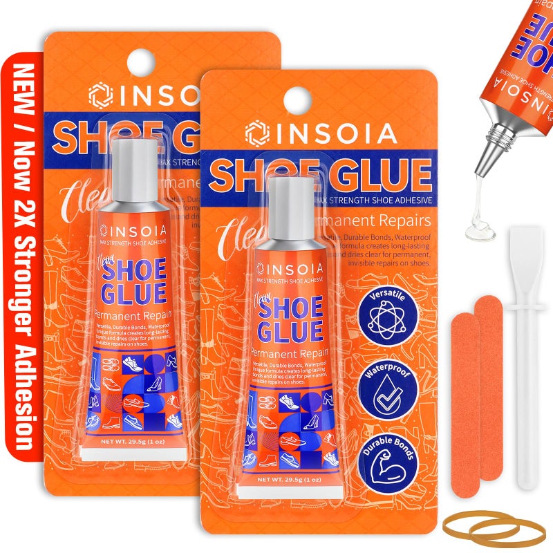 INSOIA Shoe Glue Sole Repair Kit 29.5 MLx 2, Heavy Duty Clear Shoe Adhesive, Waterproof, Flexible, for Sneakers, Boots, Leather, Rubber, Canvas, heel, Patch and More - Cement Dries Within 24 Hrs - Image 1