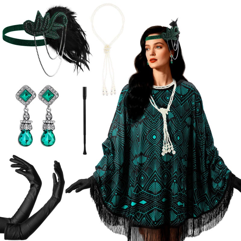 Floraltop 6 Pcs 1920s Flapper Costume Accessories Set for Women Fringed Poncho Flapper Shawl Outfits(Black Green,Fashion) - Image 1