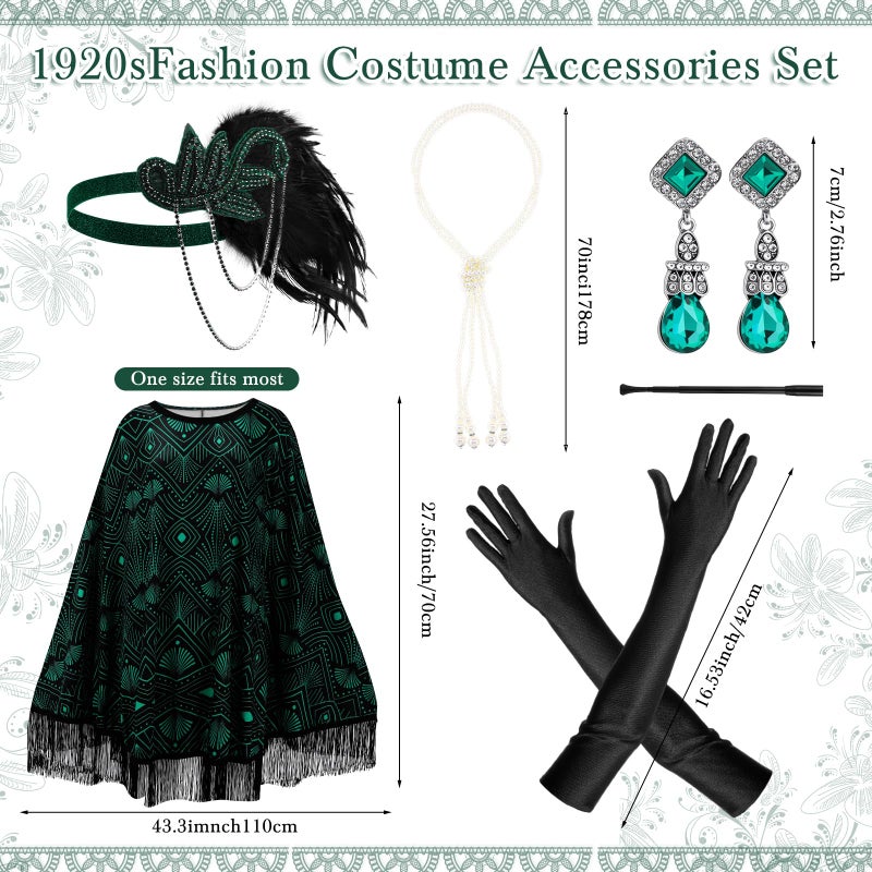 Floraltop 6 Pcs 1920s Flapper Costume Accessories Set for Women Fringed Poncho Flapper Shawl Outfits(Black Green,Fashion) - Image 2