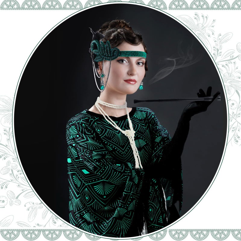 Floraltop 6 Pcs 1920s Flapper Costume Accessories Set for Women Fringed Poncho Flapper Shawl Outfits(Black Green,Fashion) - Image 5