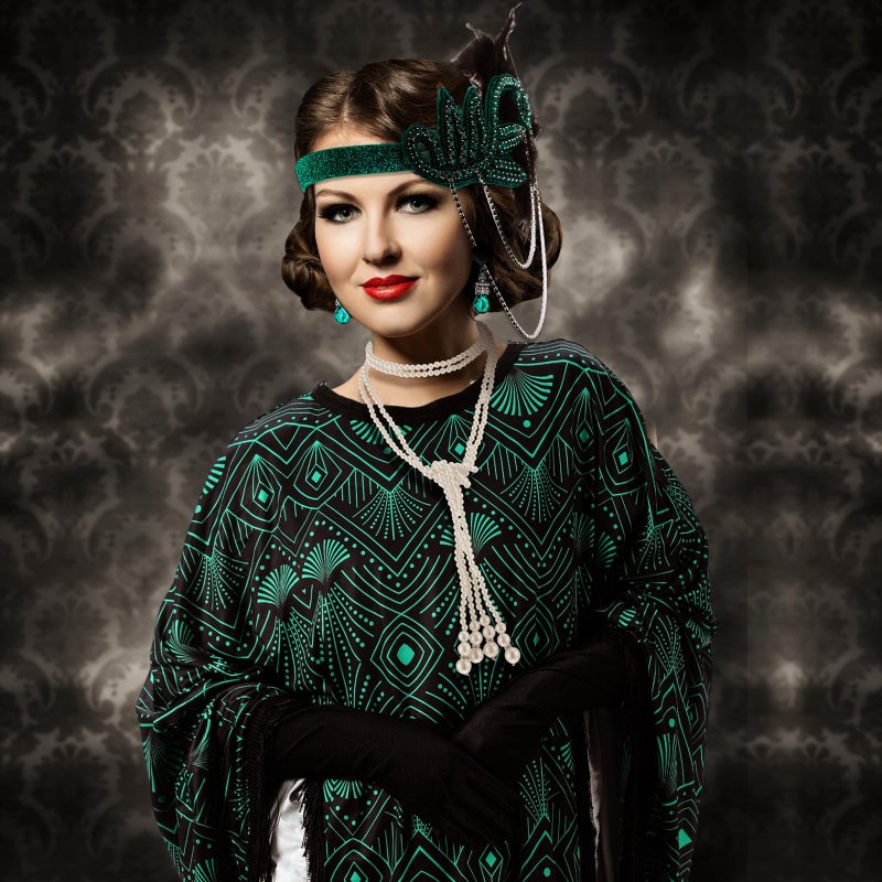 Floraltop 6 Pcs 1920s Flapper Costume Accessories Set for Women Fringed Poncho Flapper Shawl Outfits(Black Green,Fashion) - Image 4