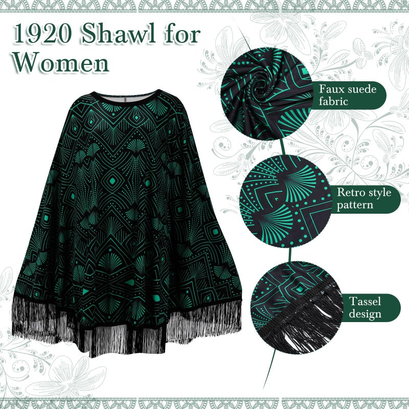 Floraltop 6 Pcs 1920s Flapper Costume Accessories Set for Women Fringed Poncho Flapper Shawl Outfits(Black Green,Fashion) - Image 3