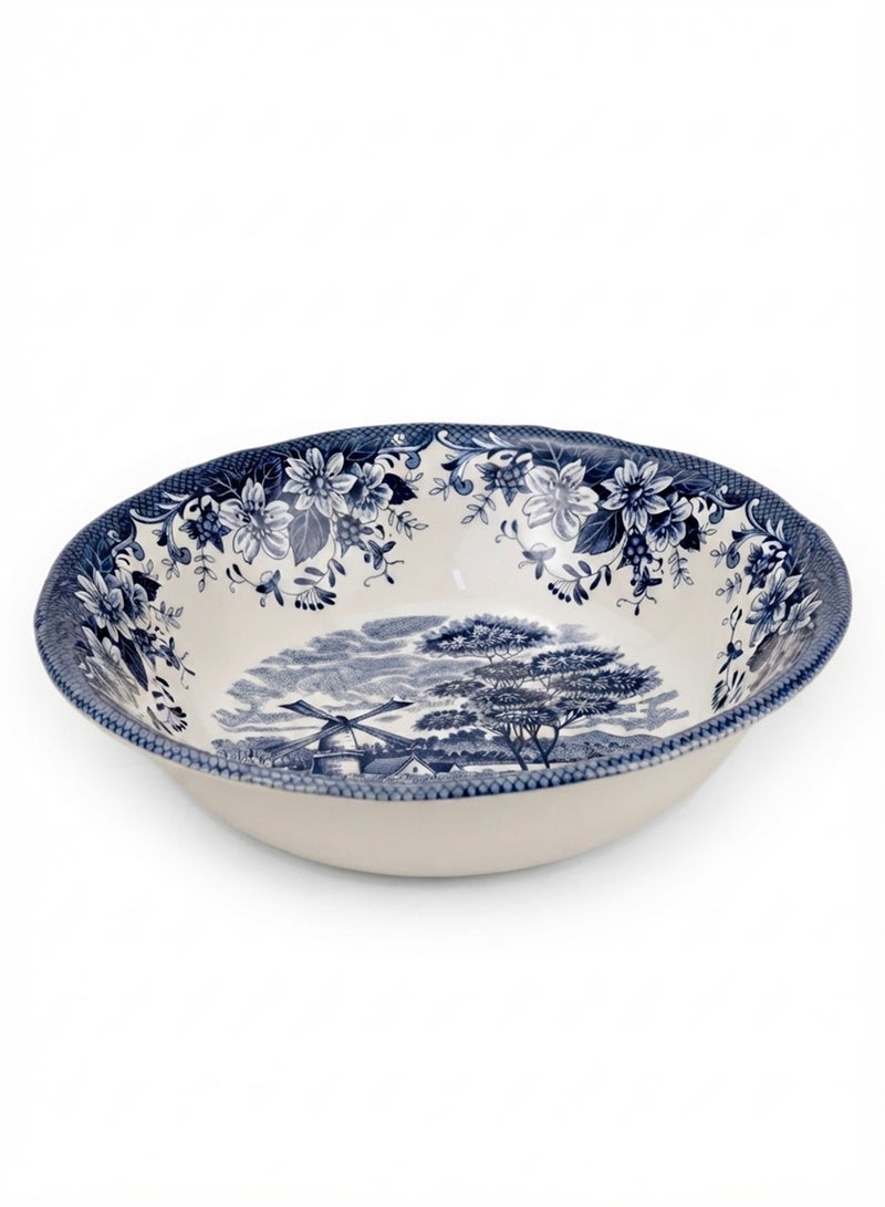 Claytan Earthenware Classic Blue Windmill & Floral Pattern Salad Bowl, 9.3 Inch, White | Premium Serving Bowl for Salad, Pasta, Fruits & Snacks | Vintage Tableware for Home, Office & Gifting - Image 1