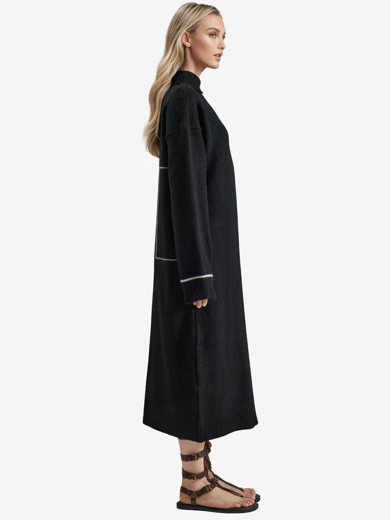 My Fashion Black MY FASHION Polo Collar Ribbed Midi Knit Dress for Women | Best Price UAE