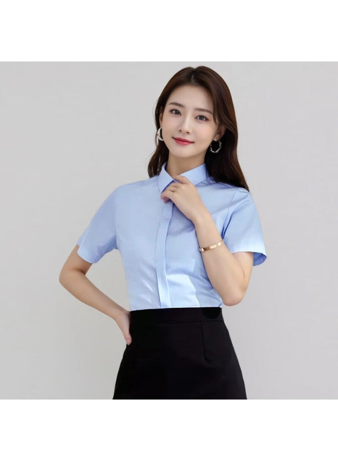 Teluoman Women's Light Blue Short Sleeve Professional Shirt Summer Business Formal Interview Cotton Stretch Casual Commuter Ol Blouse - Image 1