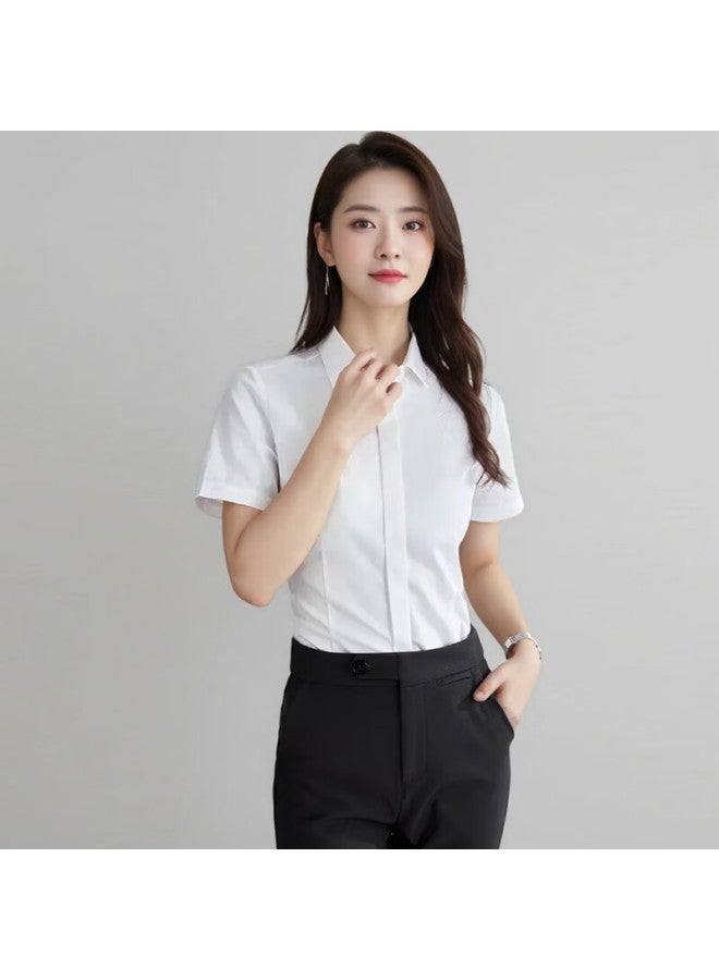 Teluoman Women's Light Blue Short Sleeve Professional Shirt Summer Business Formal Interview Cotton Stretch Casual Commuter Ol Blouse - Image 3