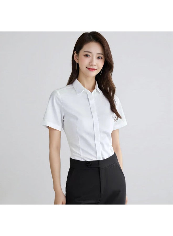 Teluoman Women's Light Blue Short Sleeve Professional Shirt Summer Business Formal Interview Cotton Stretch Casual Commuter Ol Blouse - Image 2