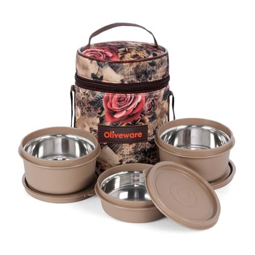 SOPL-OLIVEWARE oliveware Falcon Lunch Box | Set of 3 Microwave Safe Containers | 1X300ml + 2x450ml | Leak-Proof & Easy to Carry (Brown) Stainless Steel - Image 1