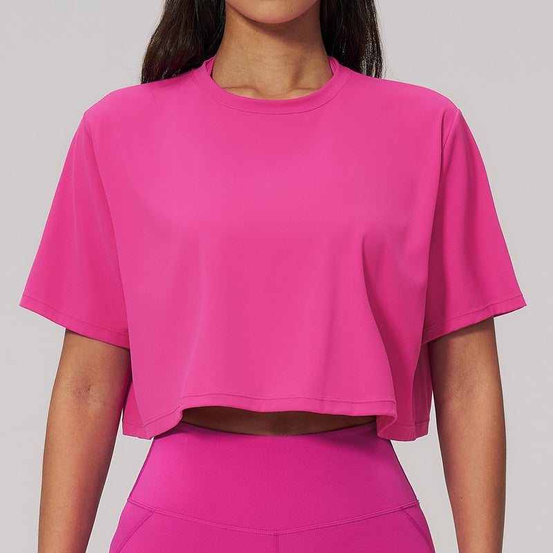 Women's Loose Fit Yoga T-Shirt Short Sleeve Crop Top Round Neck Breathable Athletic Running Gym Top